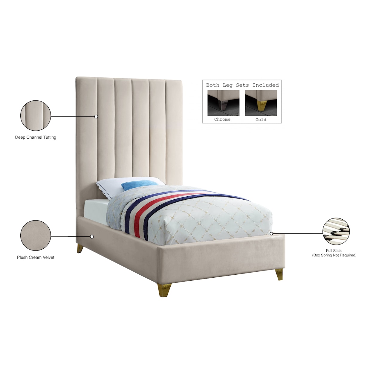 Meridian Furniture Via Twin Panel Bed with Channel Tufting