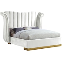 Contemporary Upholstered White Velvet King Bed with Channel-Tufting