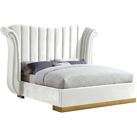 Contemporary Upholstered White Velvet Queen Bed with Channel-Tufting