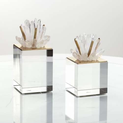 Brass and Selenite Cluster on Crystal, Set of 2