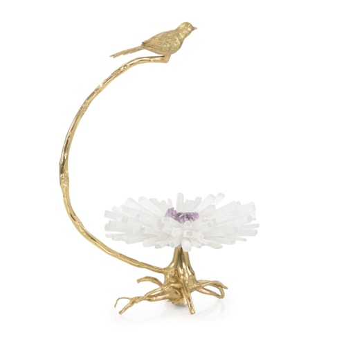 Brass Bird on Selenite Bloom Sculpture