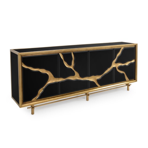 Ravine Modern Black & Gold Four-Door Credenza with Mirrored-Glass Doors