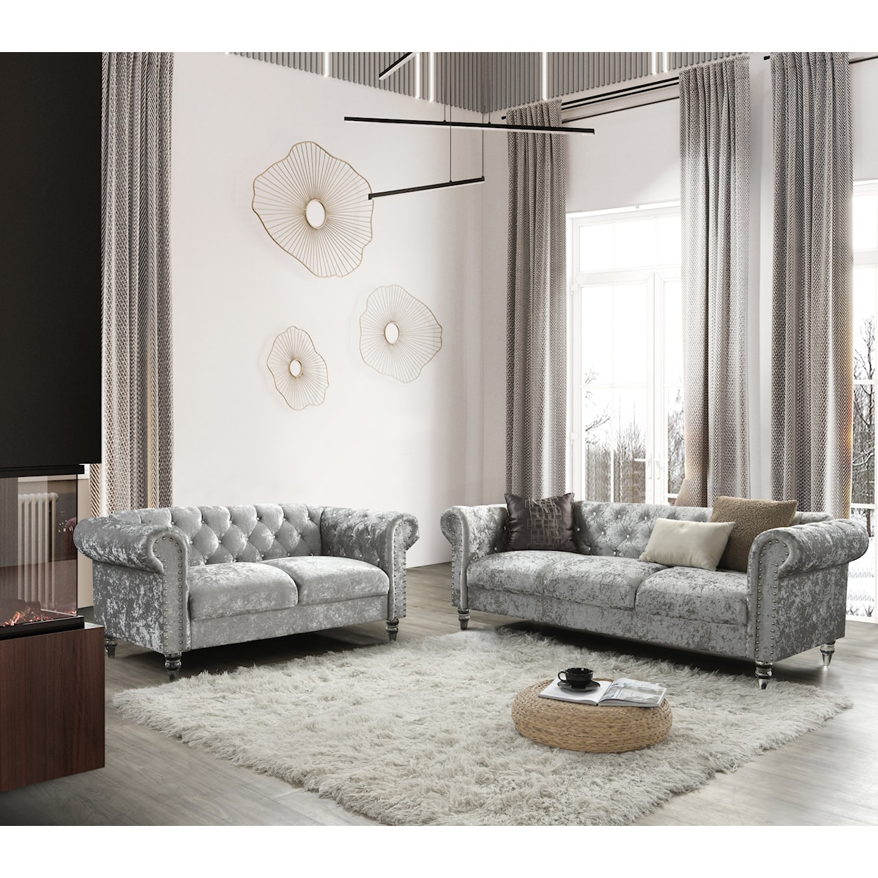 Global Furniture U9550 Grey Velvet Tufted KD Loveseat