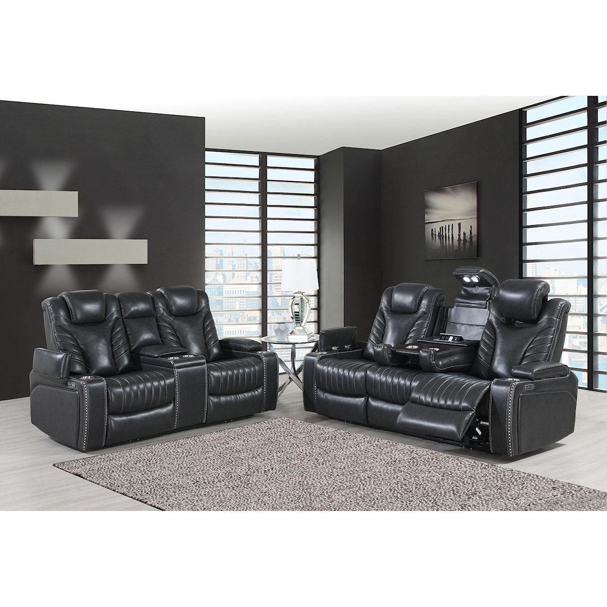 Global Furniture U1677 Grey Power Reclining Sofa and Loveseat