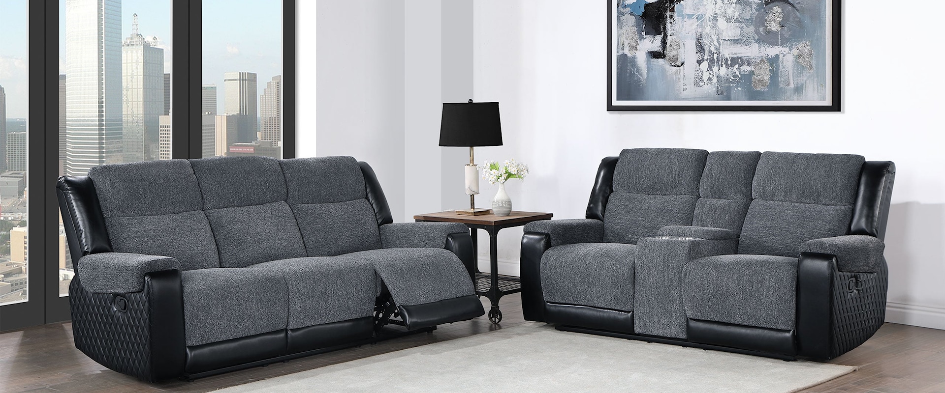 Transitional Reclining Sofa and Loveseat with Console