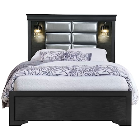 Transitional Queen Bed with Headboard Lamps