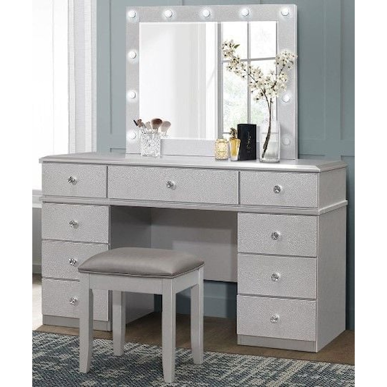 Global Furniture Amina Silver Vanity Set with Stool and Mirror