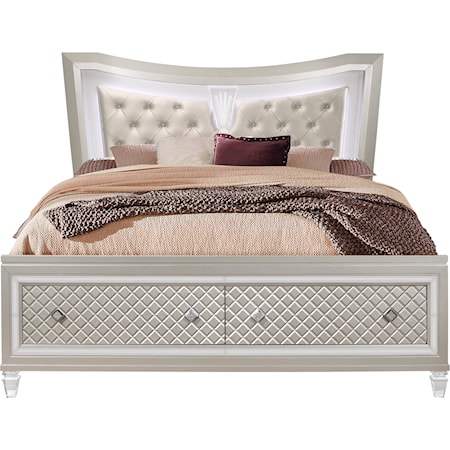 Glam Upholstered King Panel Bed with Footboard Storage and LED Lights