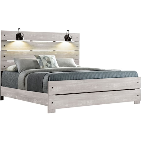 Transitional King Bed with Headboard Lamps