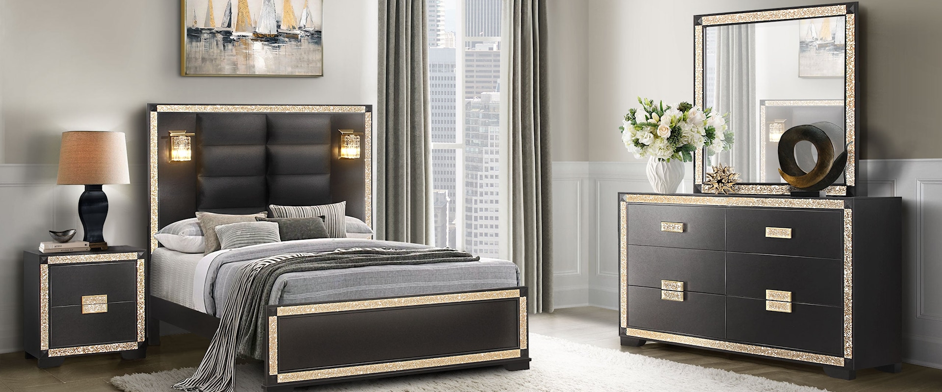 Glam Full Bedroom Set with Lamps