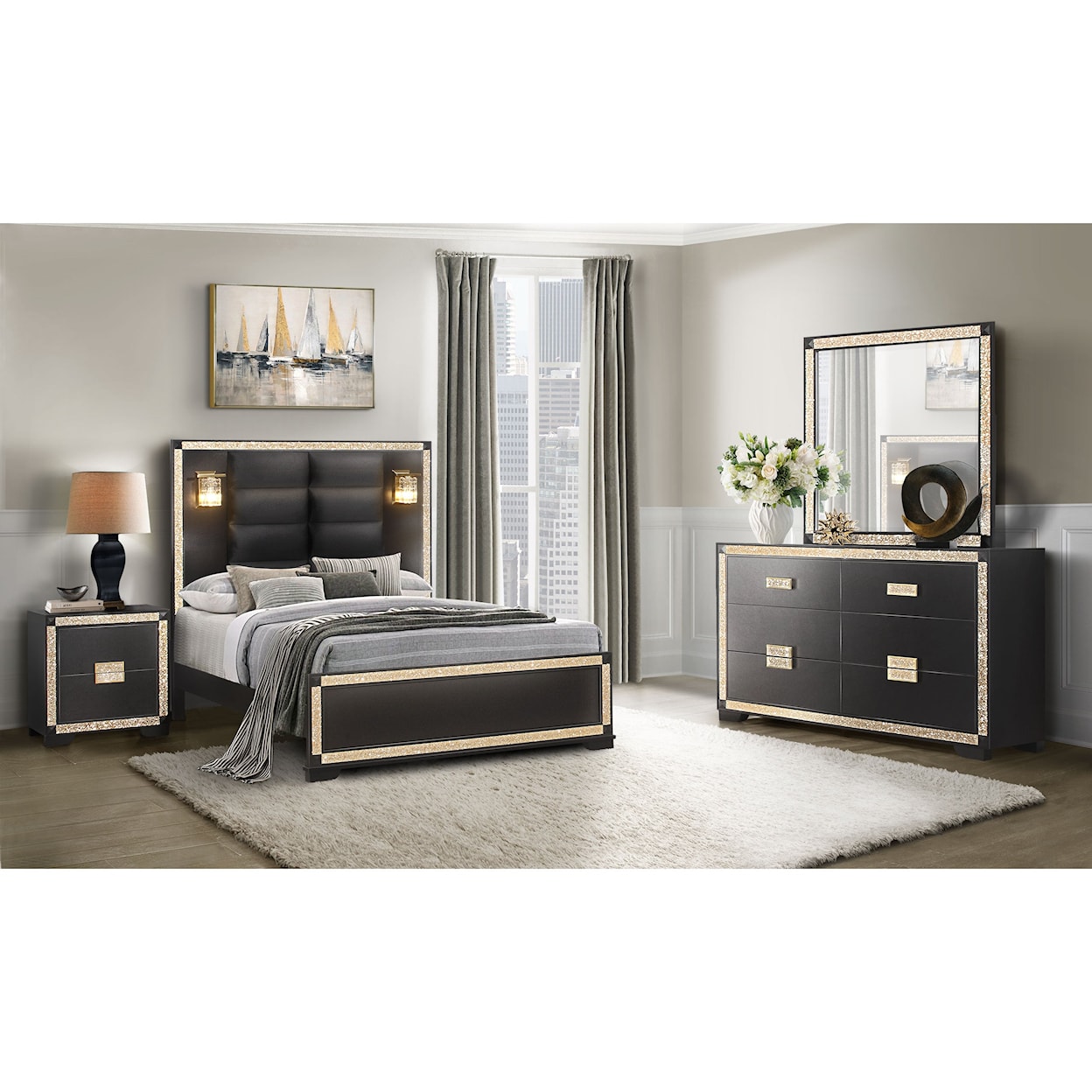 Global Furniture Blake Black / Gold FULL BD GROUP WITH LAMPS