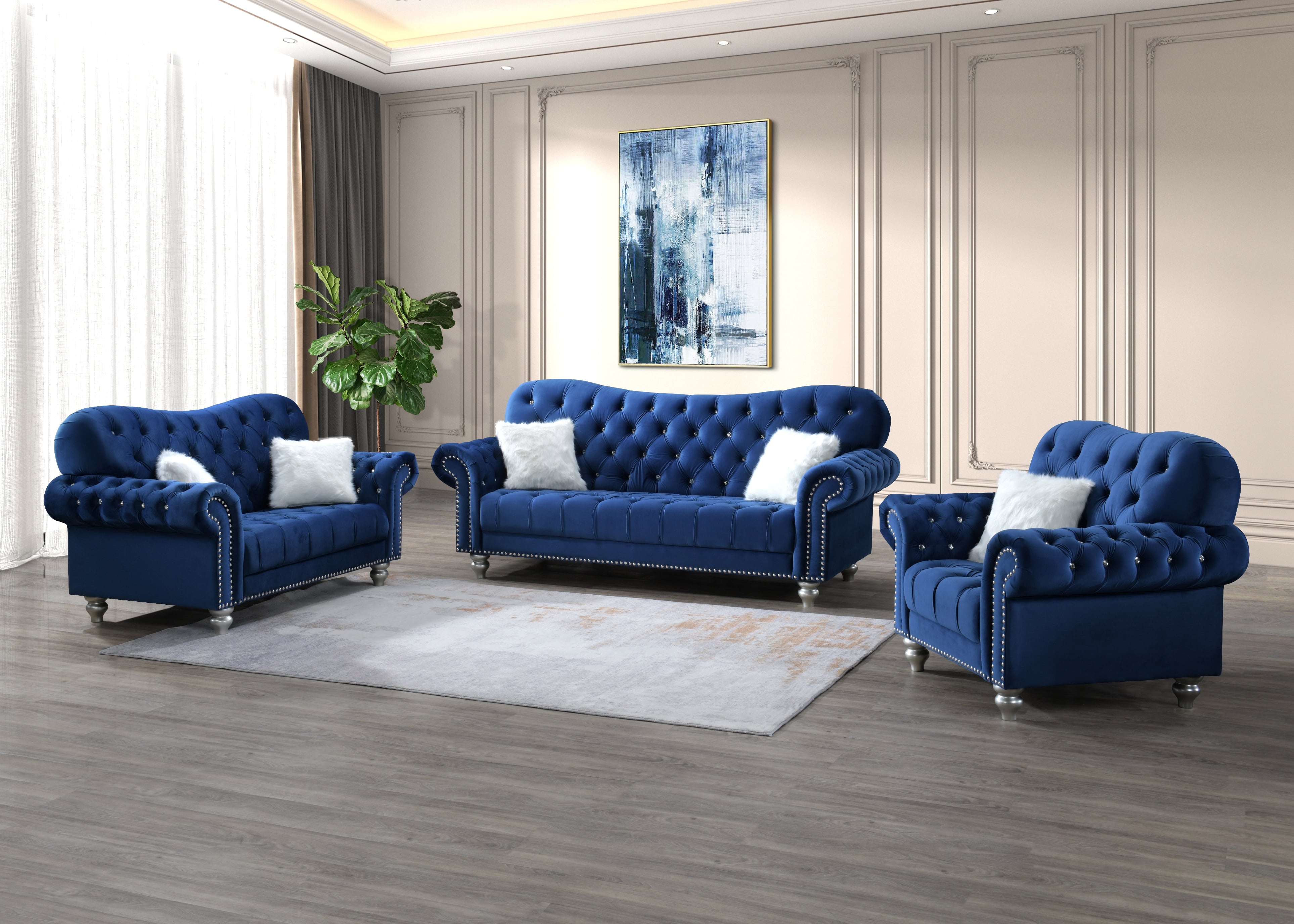 Global Furniture U4422 U4422NAVY VELVETS Navy Blue Tufted Sofa