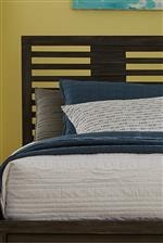 Horizontal Slat Detail on Bed Headboard Highlights Modern Geometric Lines