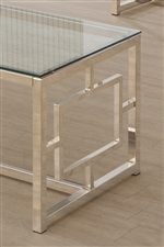 Metal Frame in Satin Finish with Geometric Side Detail. Glass Tops.