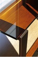Amber-Tinted Glass Shelves and Table Tops on Select Pieces