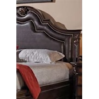 Headboard Centerpiece is Upholstered in Dark Brown Faux Leather with Nailhead Detailing 