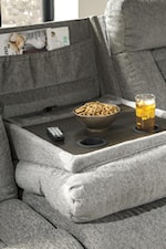 Drop down table, storage pouch, and cup holders