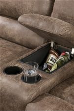 Center Storage Console with Cup Holders on Loveseat