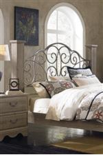 Overstated Square Column Posts Framing Scrolled Metal Headboard