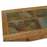 Patchwork stone squared tabletops and solid oak structure.