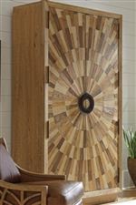 Select Pieces Boast Sunburst Veneers of White Ash, Oak, Pecan, and Walnut in a Radial Matched Pattern