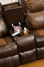 Divider Console in Loveseat Provides Two Beverage Holders, as Well as Covered Storage Space