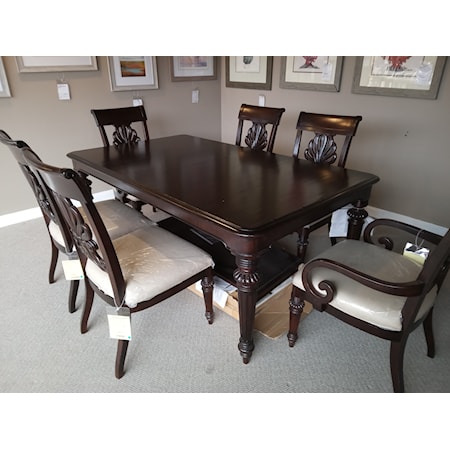 LEXINGTON HOME BRANDS - KENSINGTON DINING TABLE and 6 Chairs- Island Traditions Coll. Random matched Mahogany veneered top, tapered fluted legs with decorative carvings.  78W x 46D x 30H - Extends to 118" with the 2- 20" leaves. Set comes with 2 Arm Chairs 548-881-01 and 4 Side Chairs 01-0548-880-01 upholstered in 100% Linen.  Top has scratchs.