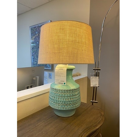 MAG MILE LIGHTING

TURQUOISE CRACKLE

Finish: Glazed Ceramic
Overall Dimensions: 29"H  18"W
Base: 11" Diameter
Overall Weight: 18 lbs  Base Weight: 14 lbs
Switch Location: Socket  Switch Type: 3-Way
Lamp Wattage: 100 watts
Cord: 8’ Length  Color: Clear/Silver
Shade Material: Beige Burlap
Shade Dimensions: 11”H  Diameter: 16" Top  18" Bottom