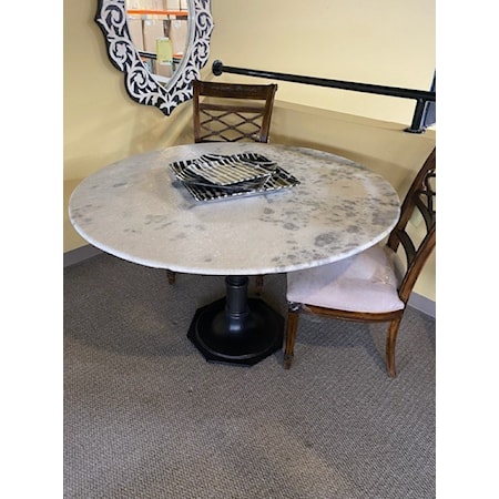 FOUR HANDS
LUCY ROUND DINING TABLE- MARBLE
48" X 48" X 30"H
210 LBS
CARBON WASH  BASE WHITE MARBLE TOP 
ROCKWELL COLLECTION
FRENCH INDUSTRIAL
PEDESTAL BASE CAST IRON 
BULL-NOSE EDGE ON WHITE MARBLE