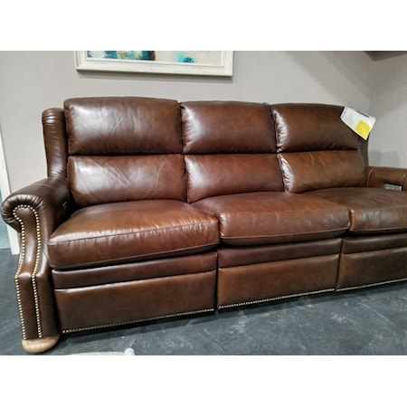CENTURY FURNITURE - CHATSWORTH ELECTRIC RECLINING SOFA - 
MEDIUM BROWN LEATHER, ANTIQUE HICKORY FINISH
SPRING DOWN SEAT CUSHION, FIBER DOWN BACK.
THE HEADREST ADJUSTS WITH RECLINE.   SEAT DEPTH: 21.5"
OVERALL: 90 x 39 x 39.5
MINIMUM ENTRYWAY OPENING IS 36" WITH NO OBSTRUCTIONS.