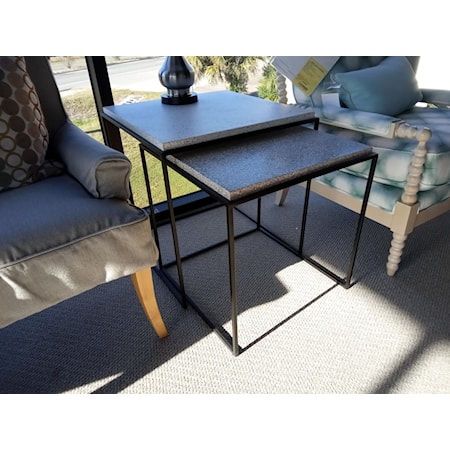 DOVETAIL FURNITURE -HAROLD NESTING END TABLES-  Concrete tops on black metal bases.             24W x 24D x 24H  **Discontinued**  Lower table has chipped top