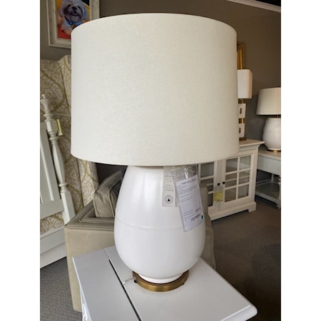 PORT 68
SONOMA WHITE LAMP
31H 20DIA
Sonoma features a grand egg shaped porcelain lamp base accented with aged brass finished metal base and hardware. Solid brass ring finial.

3 way switch. 150 watt max.

Shade: 17.5” x 19.5” x 12”SH
Eggshell linen/cotton fabric

2 AVAILABLE- ONLY 1 DISCOUNTED