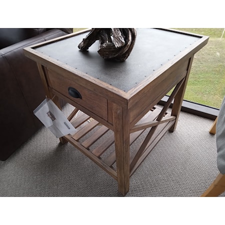 HEKMAN FURNITURE-  RECTANGULAR END TABLE with DRAWER-   Acacia solids and veneers.
Galvanized metal top with tack border.
One drawer with metal cup pull.
Open slatted shelf on the bottom.
Wire brushed, natural weathered Special Reserve finish.
Width 22.75" ,
Depth 27.25" ,
Height 26" 