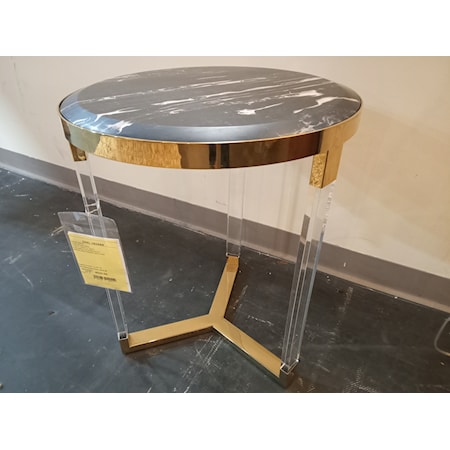 CHELSEA HOUSE - Lovelock Side Table .  Black acrylic in clear acrylic and antique brass finished iron stand.   22.75h x 18.75w x 18.75d