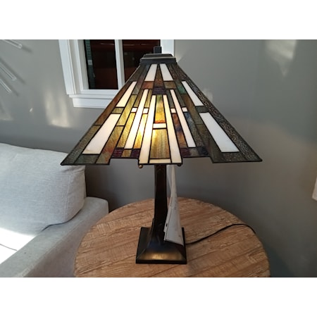QUOIZEL LIGHTING- TIFFANY STYLE MAYBECK TABLE LAMP - Valiant Bronze Finish. Multi colored glass shade.  24.75"H x 16W x 16D - Takes 2 bulbs, 75 watt max  ** DISCONTINUED**