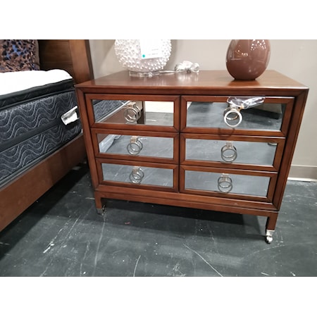 VANGUARD FURNITURE - Alister Accent Chest with Supreme Walnut Finish and Casters.    Dimensions: 34W x 22D x 27H . 1 Top Drawer and 2 Doors below.  This piece has a crack in 1 mirror panel.     *Discontinued*
