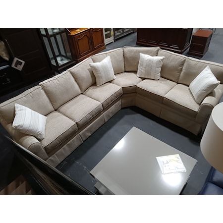 BRAXTON CULLER- BENTON SKIRTED 3PC SECTIONAL-  Made in the USA. 100% Polyester, Neverfear Performance Fabric. Fabric: 0853-73 GR.C -  Left side sofa and wedge = 124" and Right side Loveseat and wedge = 102". Seat cushion: Comfort Plus(standard). Seat depth:22",  Seat Height: 21" . Includes 4 20" pillows in 9291-91 Gr.L