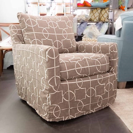 CRAFTMASTER FURNITURE INC. 

SLIP-COVERED SWIVEL CHAIR - RACHEL RAY COLLECTION

Fabric: Julio
Seat Width: 22" 
Seat Depth: 21"
Seat Height: 20"
Arm Height: 24"

Overall: 30x36x35
