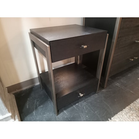 CARACOLE- MODERN REMIX NIGHTSTAND- Black stained ash finish. Cerused oak front drawer front. Bronze gold metal. Touch-sensor light under the top drawer. * Matching Dresser available.