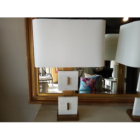 FLOW DECOR - REYNOLDS TABLE LAMP- White marble squares are delicately framed in antique brass. A rounded tapered rectangular shade softens the look of this unique table lamp. Shade: Off-white cotton.  Also available in an alabaster & bronze combination. 29.75" High. 150 Watt 3-way bulb.   2 Available