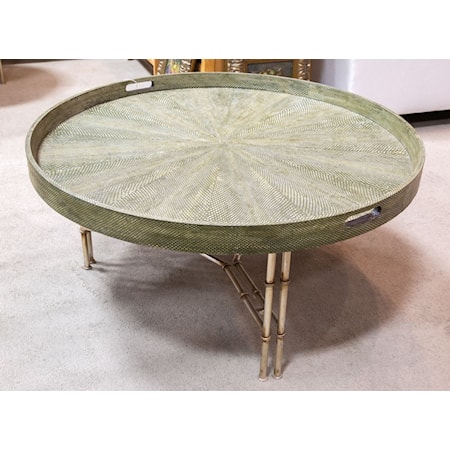 Reual James 

Reual James Ayers Silver Coffee Table

Bamboo textured base coffee table with a round, snakeskin, pie cut texture tray top made of environmentally friendly natural rubber resin. Steel base with padova finish and welded joint connections.