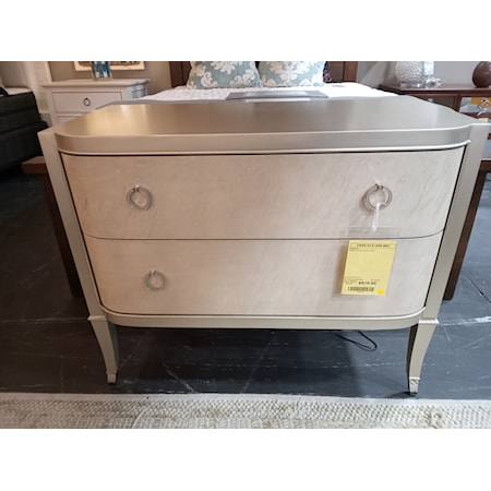 CARACOLE - PERFECT MATCH Night Stand .   Case finished in Soft Metallic Paint.
Two drawers with fronts in Smoked Birdseye and undermount guides.
Drawer interior in Soft Silver Paint.
Metal ferrules in Polished Stainless Steel.

36W x 18D x 30H