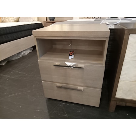 UNIVERSAL FURNITURE  Nightstand from the Axis collection. Symmetry Finish with Stainless Steel Pull Handles.  Built-in Night Light.  Lift Lid with Power Outlet.     22W x 18D x 28H