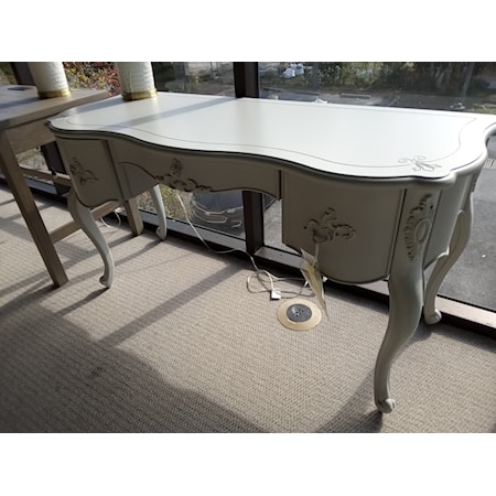 UNIVERSAL FURNITURE- BELLAMY VANITY DESK in French Grey. Traditional European and American silhouettes.
English dovetail construction,front and back. Hardwood solids with birch Veneers. 
Soft, self-closing, full extension metal on metal drawer guides. 3 Drawers.      Dimensions: 30" H x 56" W x 22" D