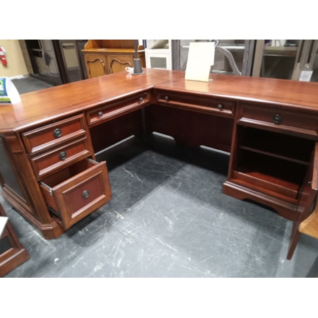 HOOKER FURNITURE - BROOKHAVEN PEDESTAL DESK . The Brookhaven Collection is crafted from hardwood solids with cherry veneers. It features a distressed medium clear cherry finish. The left side features 3 drawers on steel ball-bearing slides include two utility drawers, a partitioned storage tray in the top utility drawer, three sections in a second utility drawer, one file drawer with a Pendaflex hanging file system and center drawer with keyboard/laptop area. 68W x 29D x 30.5H .    The right side Features: One door with one adjustable shelf and one pullout tray for printer behind, center drawer with drop-front for use with a computer, one utility drawer with partitioned storage tray, all drawers on steel ball bearing drawer slides, pullout writing shelf, wire access grommets, levelers. 50W x 25D 30.5H