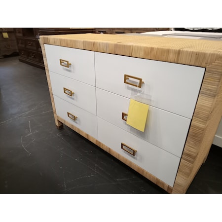 BUTLER SPECIALTY CO.  Corfu 6 Drawer Dresser , 48W x 18D x 30H . The crisp white drawer fronts adorned with gold square drawer pulls give a pop of modernity while the natural rattan is meticulously hand-wrapped around the Wood frame to give it texture and dimension that brings a gorgeous coastal style.