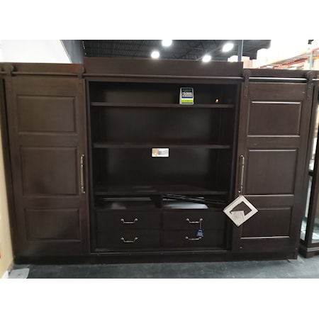 UNIVERSAL FURNITURE - ENTERTAINMENT WALL UNIT- Traditions Park Hill collection. Cherry and Hardwood Solids and Veneers. Finish: 806 Bannister.  English dovetail drawers . 2 Sliding Barn Doors. Shelves on the Left and Right sides.     127W x 21D x 87H
 **Discontinued**