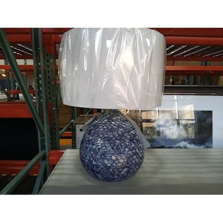 REGINA ANDREWS - SIRENE TABLE LAMP - The elevated elements of this unique lamp come together perfectly: hand-carved "scallops" created out of recycled bone, the deep rich indigo finish, the accented mosaic finish by multiple tones of blues, and the natural linen drum shade to complete the modern and coastal look.        Takes a 3-way 150 Watt Max. Type A bulb.  Lamp: 26H x 18W,    Shade: 18x18x11  