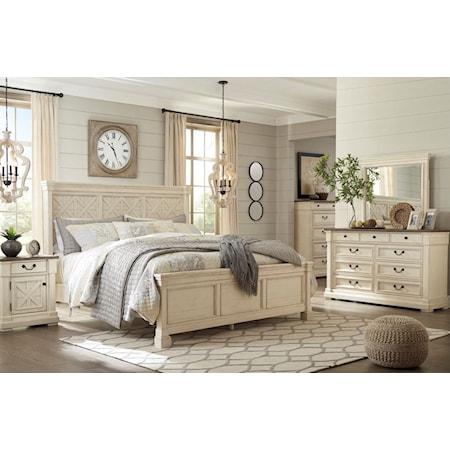 Ashley - King Bed with Lattice Panels, Dresser, Mirror, Chest, and Nightstand.