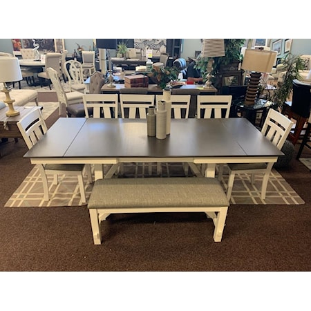 DINING SET Includes: Dining Table w/ 2 Leaves, Bench, & 6 Chairs